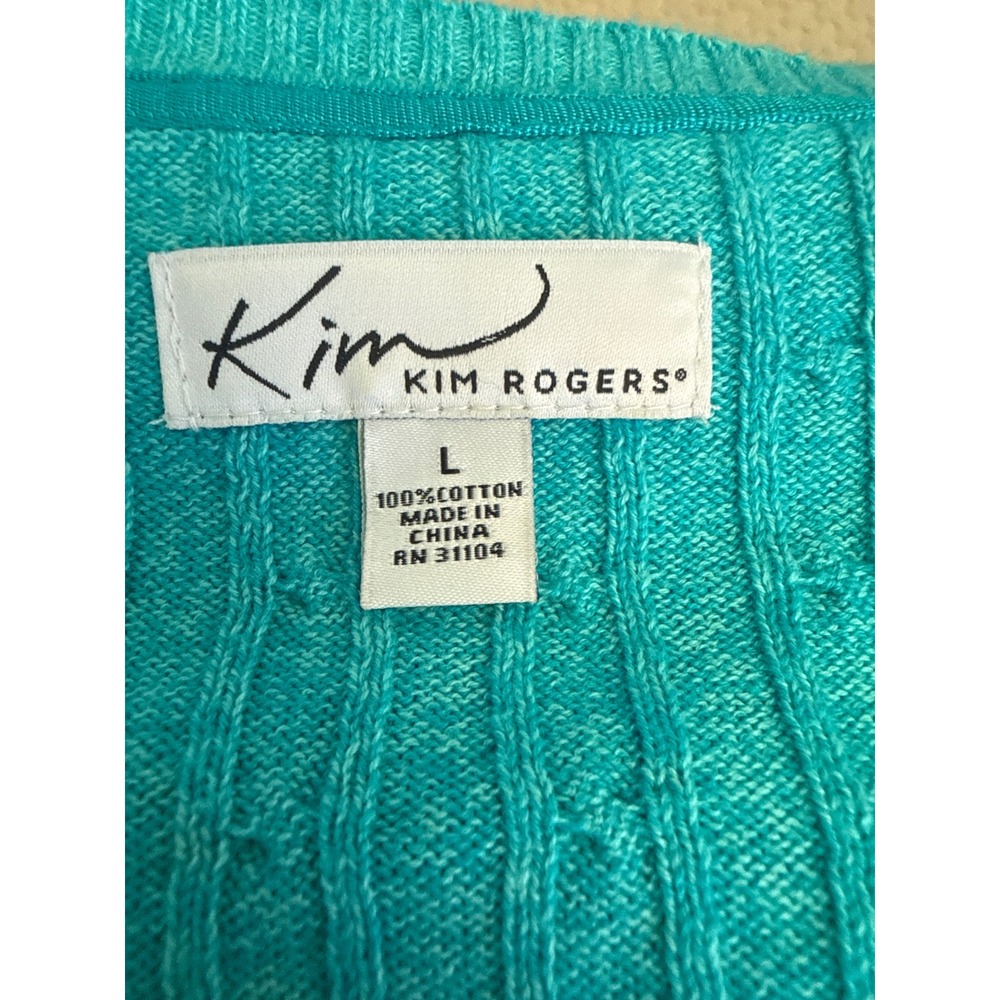 Kim Rogers Womens Turquoise Blue 100% Cotton Cable Knit V-Neck Sweater Size L - Picture 3 of 3